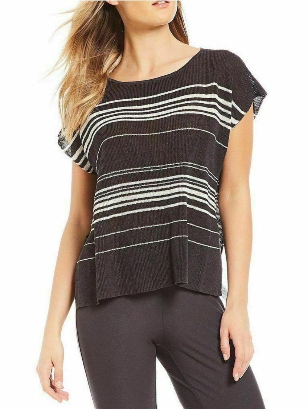 Eileen Fisher | Women’s Charcoal/Cream Striped Sleeveless Hi-Low Tunic Sweater M